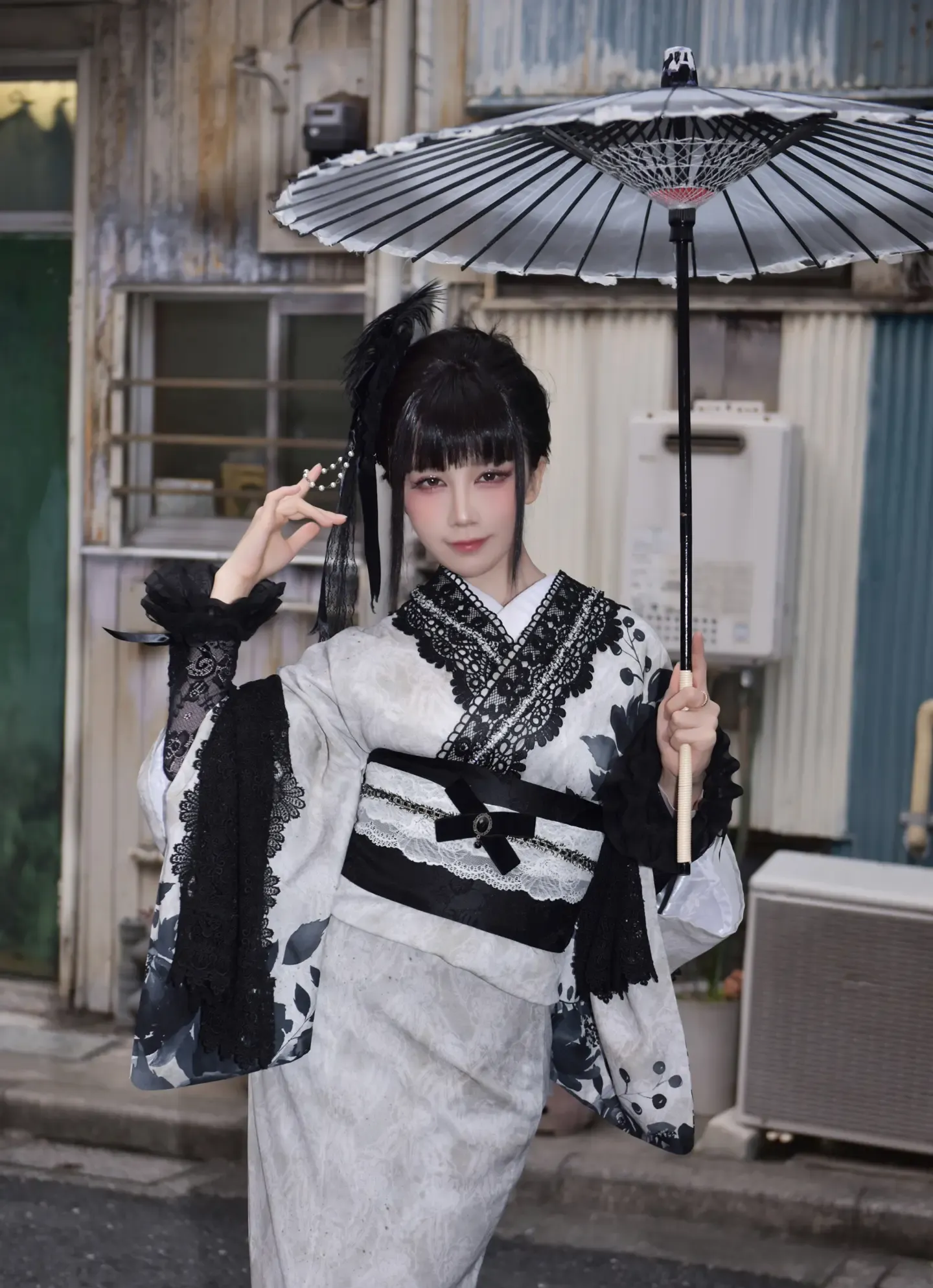 水淼Aqua 202503 个人造型 黑色蕾丝和服&内衣